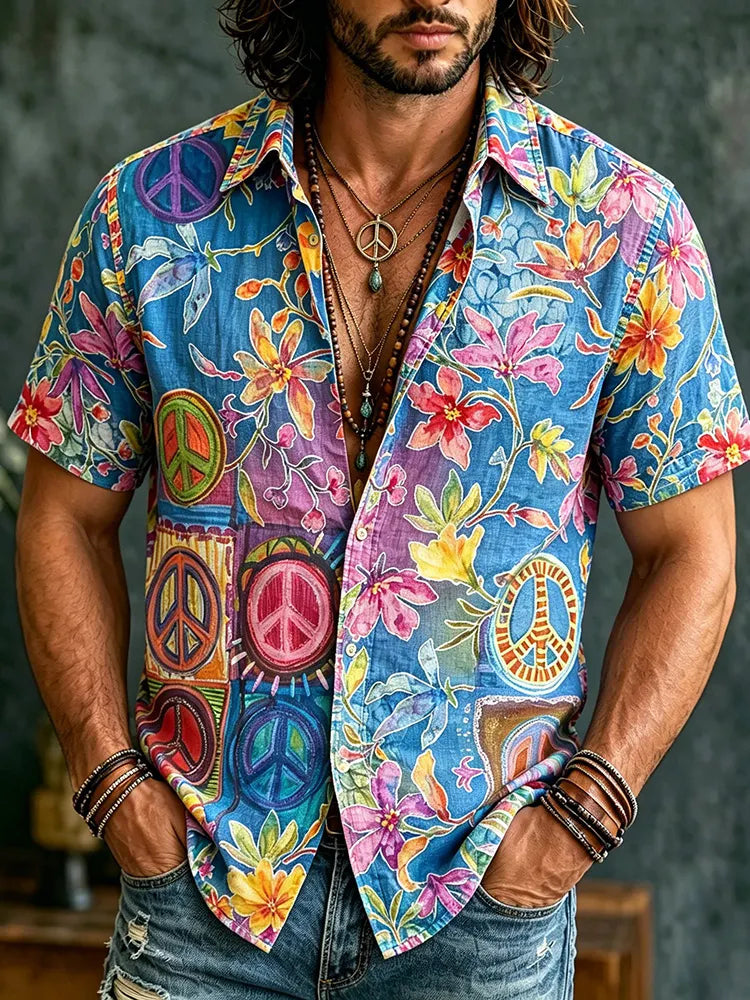 Men's Retro Hippie Flowers And Peace Graffiti Art Pattern Casual Shirt