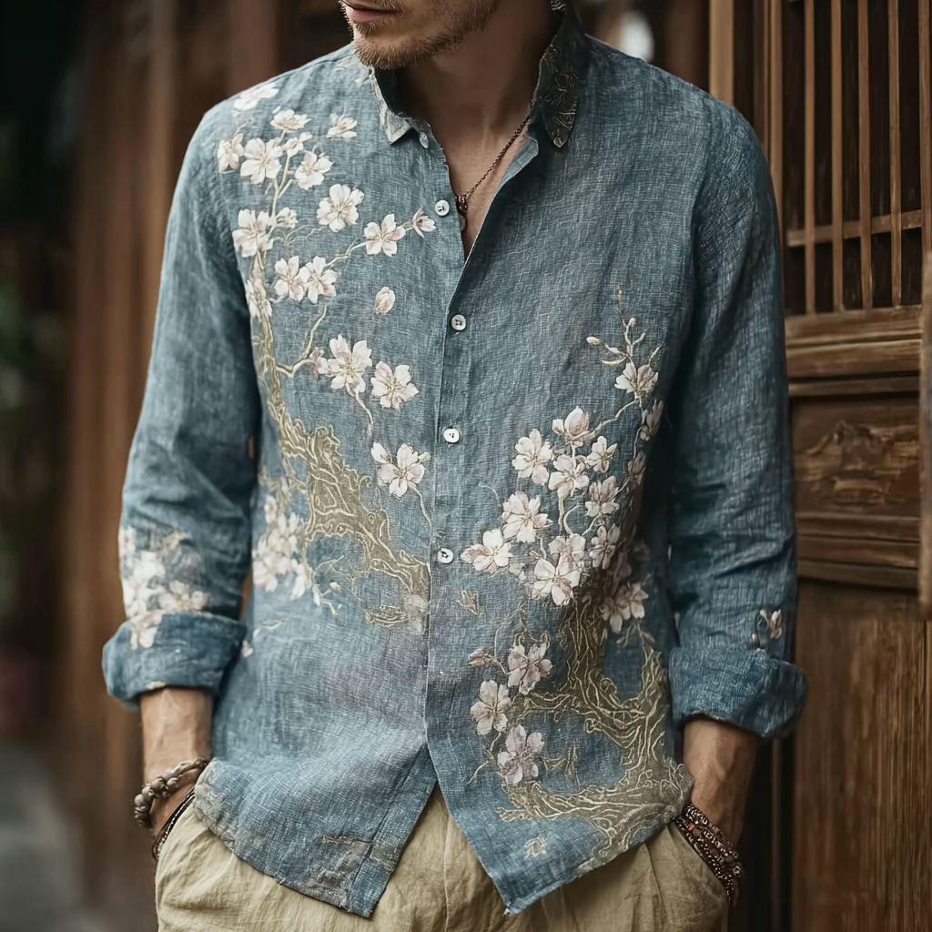 Bohemian Retro Style Floral Print Men's Long-sleeve Shirt