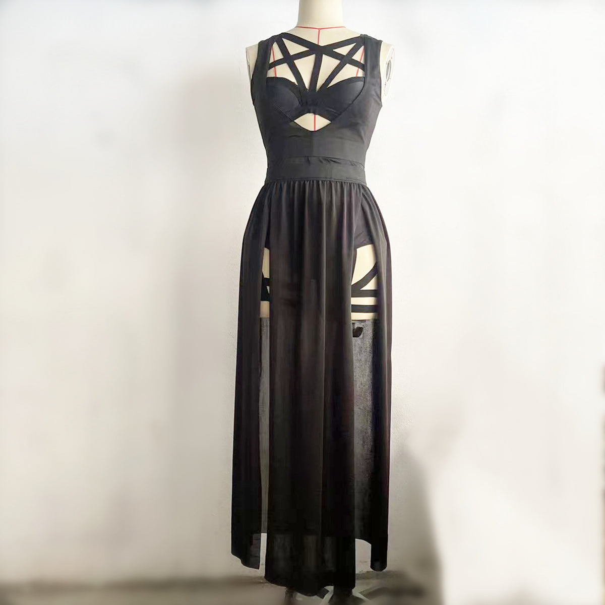 Trendy Sexy Bandaged Cutout Black High Split Mesh Sets