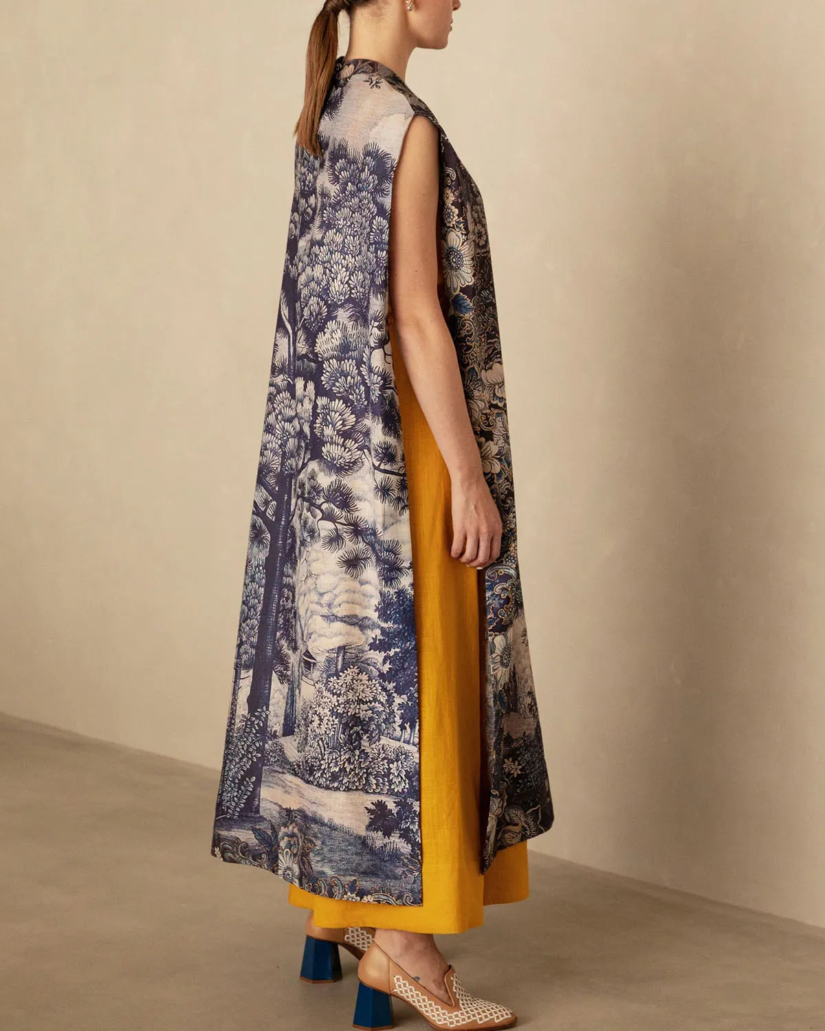 Navy Blue Printed Linen Long Dress And Pants Set