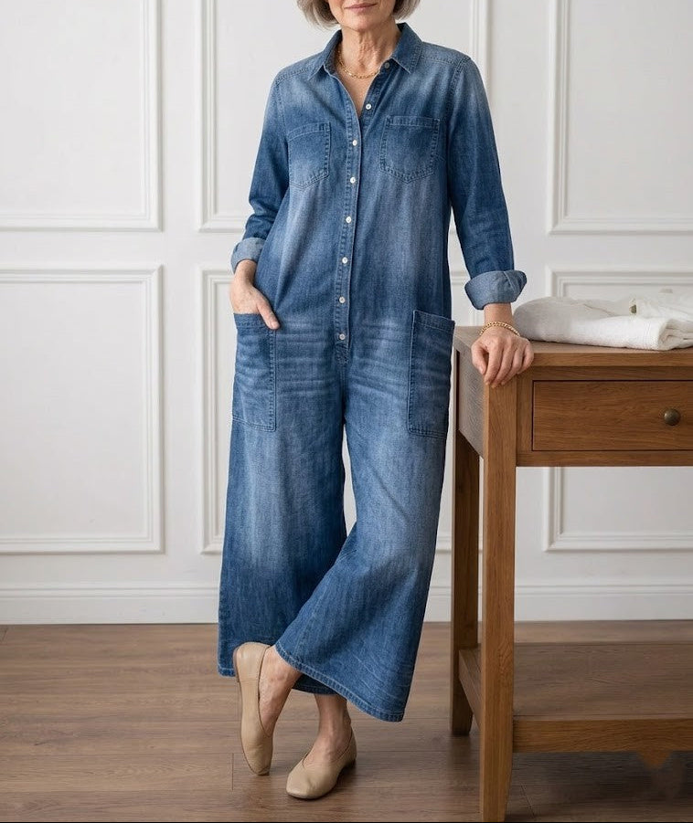 Denim Jumpsuit Women Cotton Button Front Vintage Washed