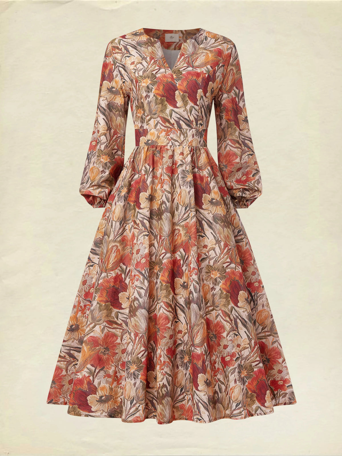 Midi Linen Dress, Long Sleeves, V Neck, Floral, Pocket Design, Vacation, Vintage, Yellow Brown