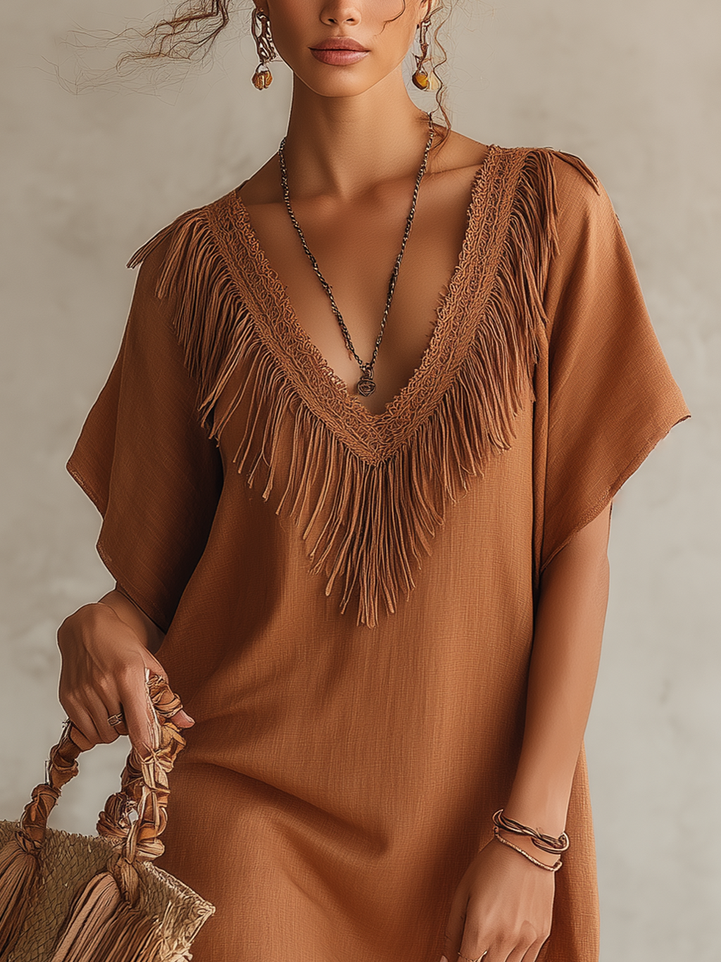 Brown Lace Fringe V-Neck Mini Dress