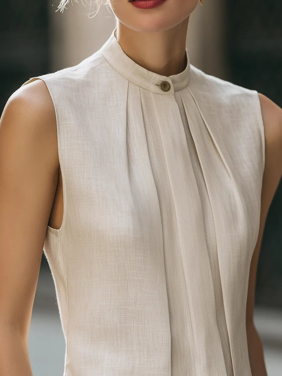 Pleated Front Sleeveless Stand Collar Blouse With Clean Tailored Silhouette