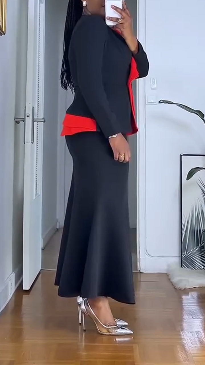 Women V-neck Splicing Color Blocking Blazer + Half Skirt Temperament Commuting Set