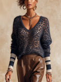 Navy Leopard Print Striped Cuff Semi-Sheer Mohair V-Neck Oversized Knit Sweater