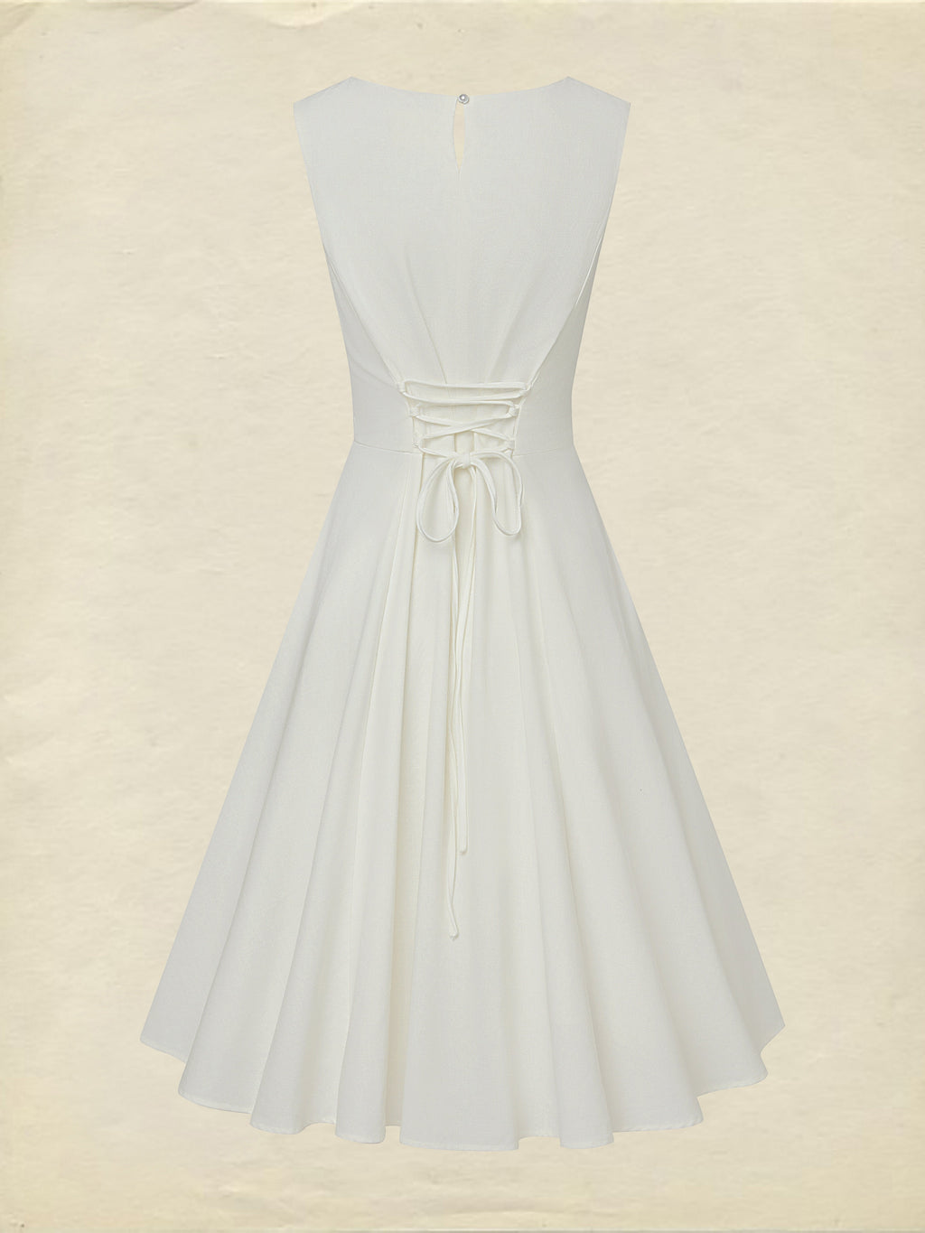 Midi Linen Dress , Sleeveless, Round Neck, Plain, Lace, French Vintage, White