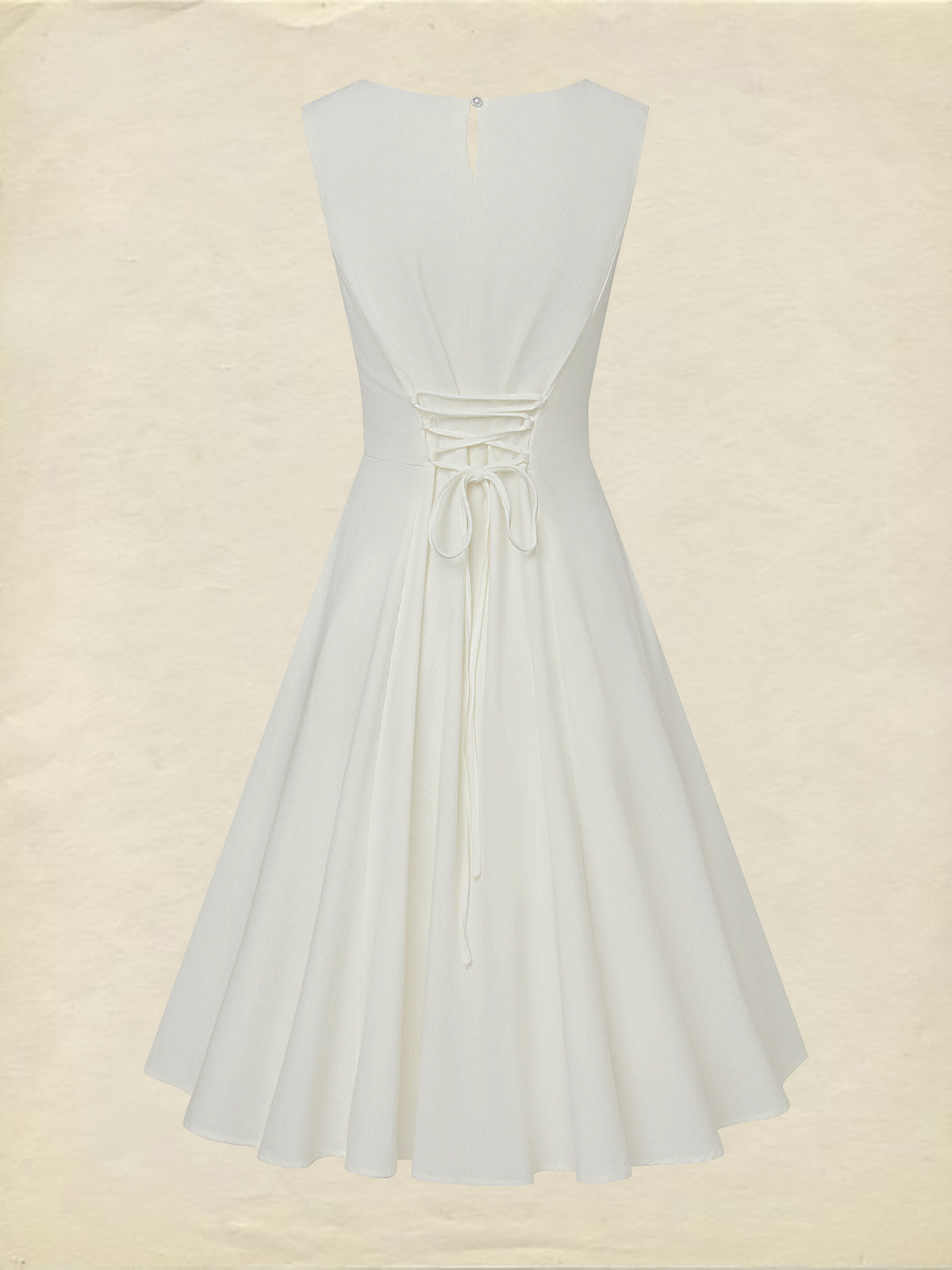 Midi Linen Dress , Sleeveless, Round Neck, Plain, Lace, French Vintage, White