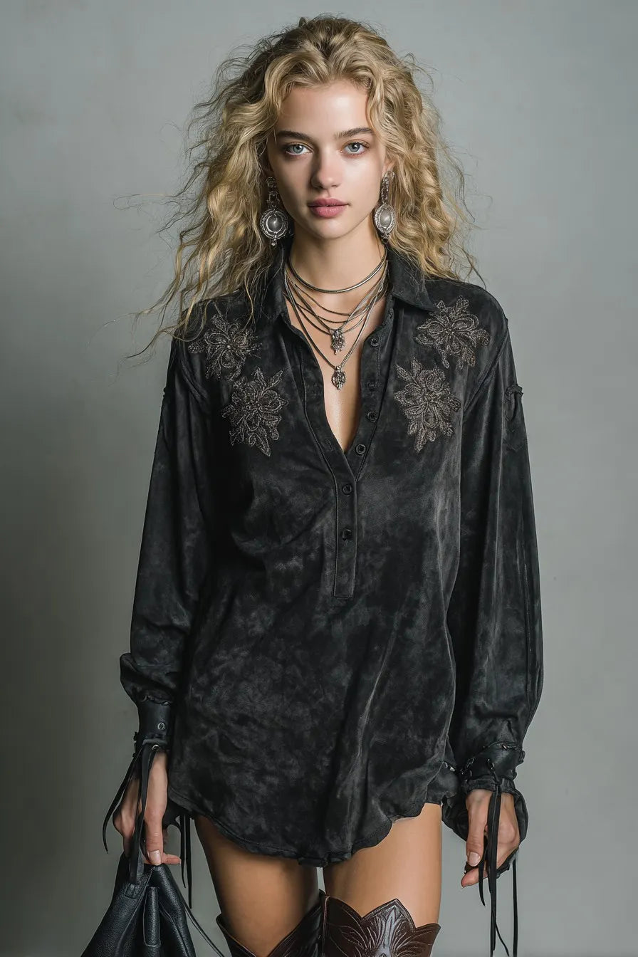 Women's Black Acid-Wash Printed Long Sleeve Shirt Dress