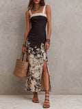Black & Beige Floral Cotton-Blend Midi Slip Dress