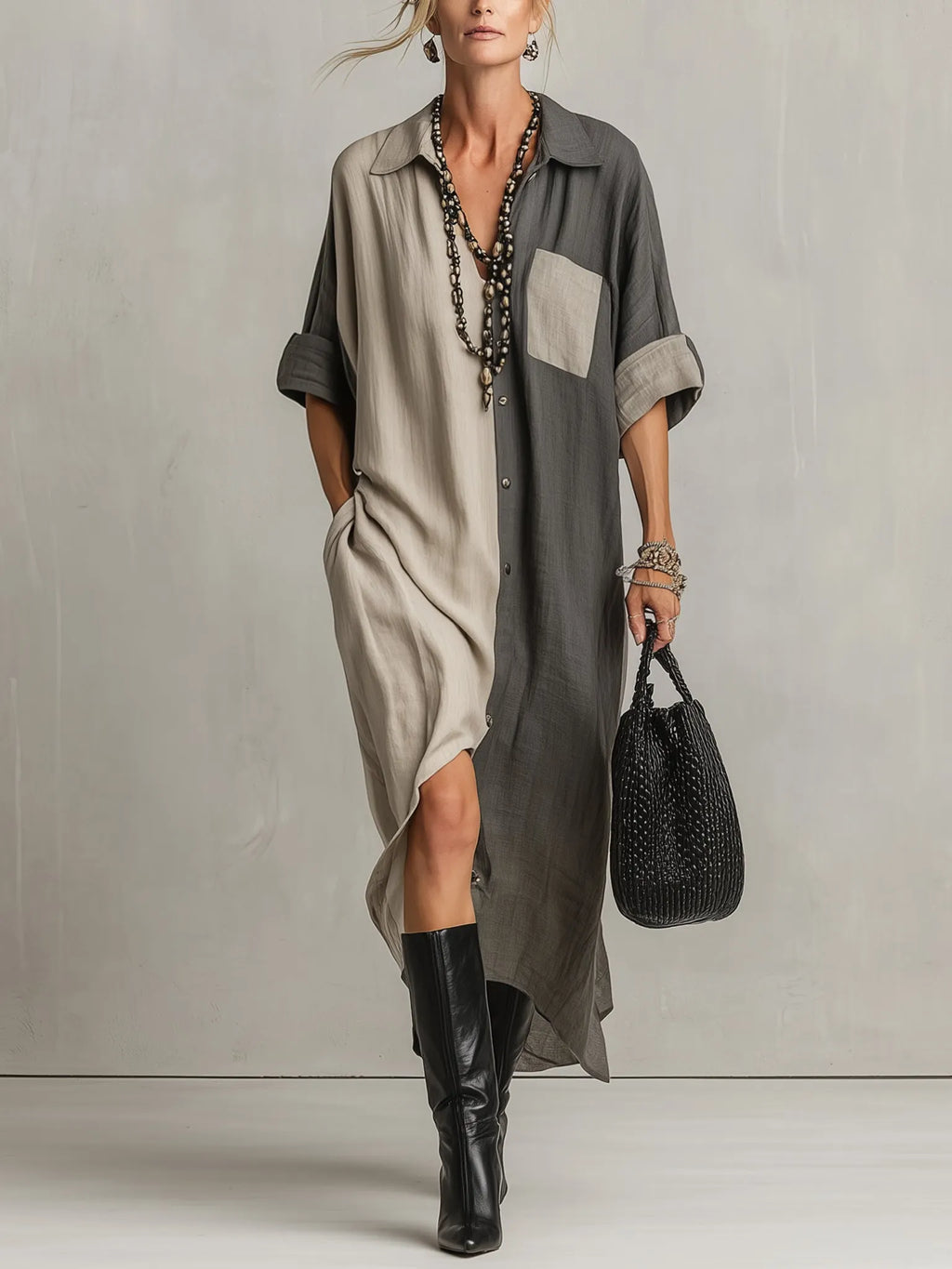 Gray Color Block Linen Short-Sleeve Maxi Dress