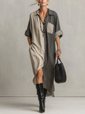 Gray Color Block Linen Short-Sleeve Maxi Dress