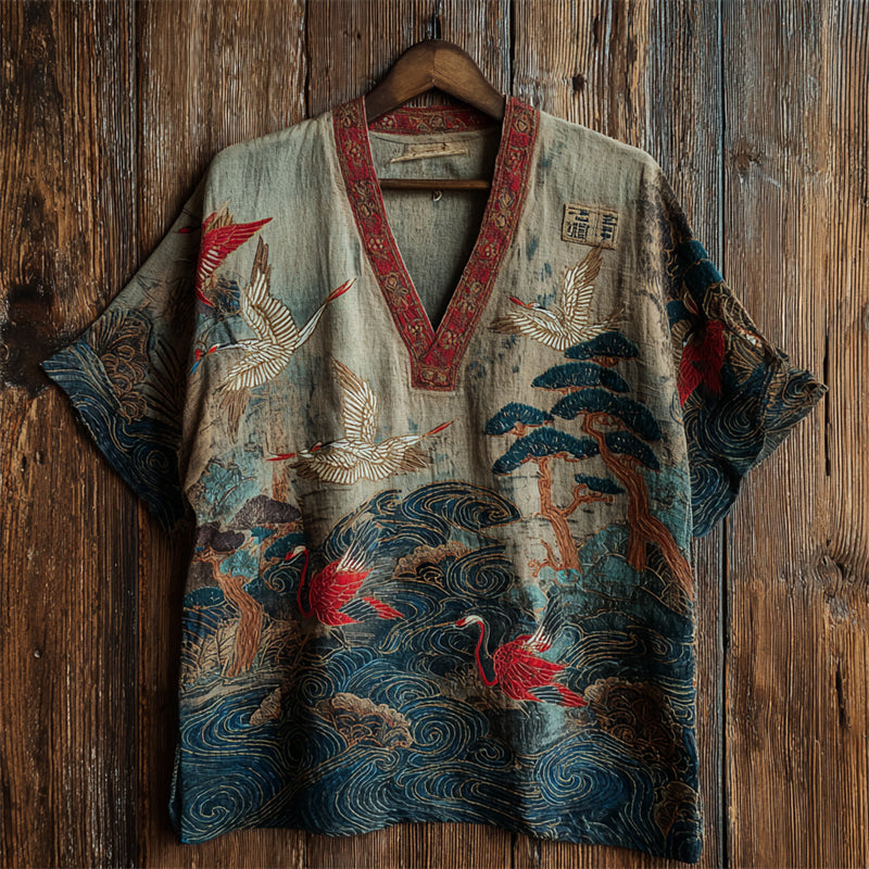 Japanese Colorful Cranes & Pine Trees Sea Waves Linen Shirt