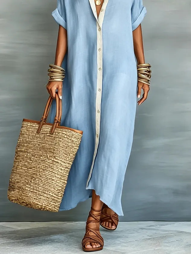 Casual Colorblock Relaxed Maxi Shirt Dress