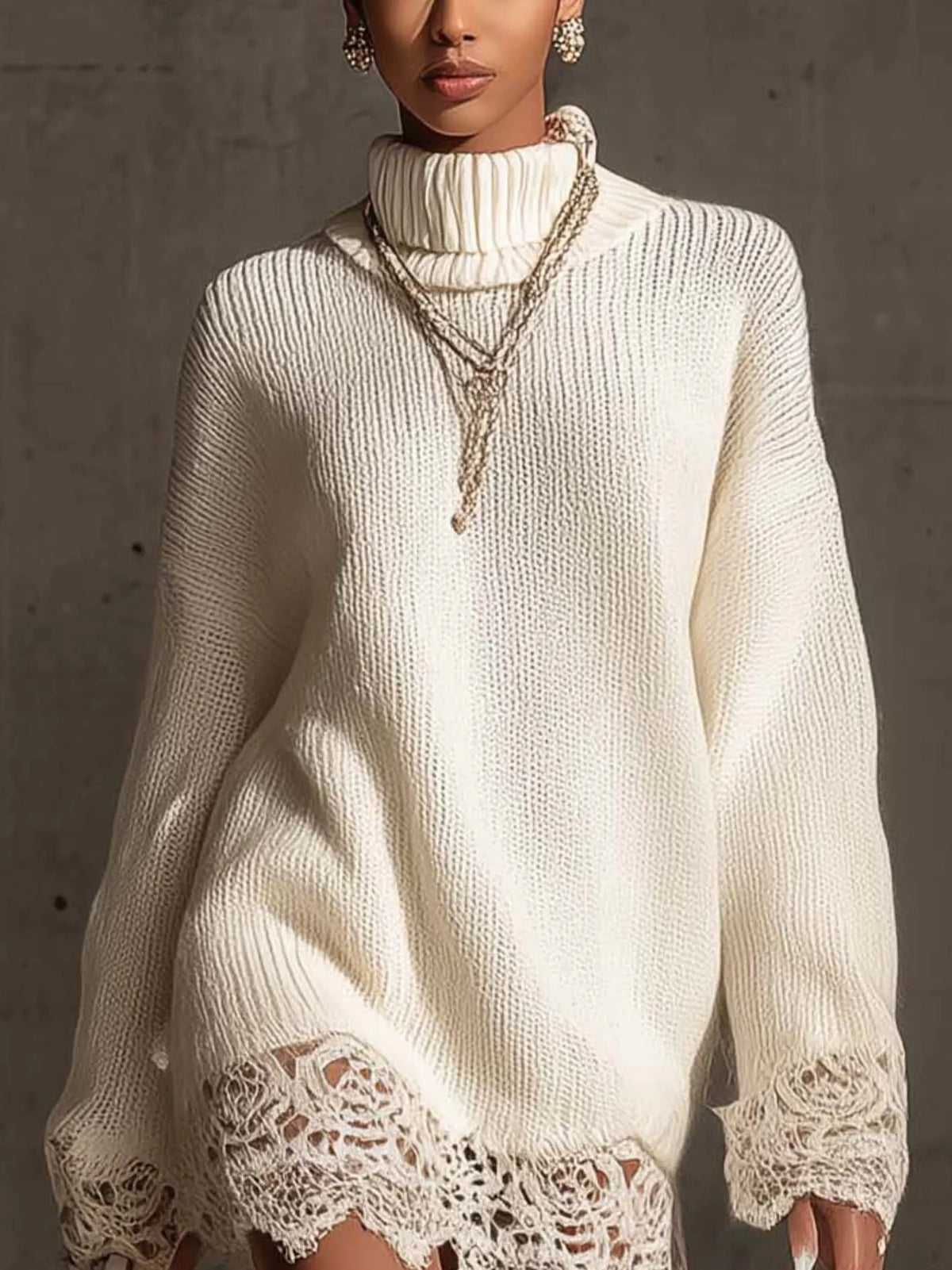 White Turtleneck Knit Mini Dress With Lace Trim