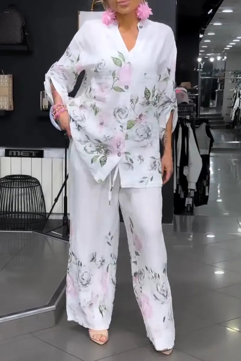 Women V-neck Printed Top+ Wide Leg Pants Loose Casual Cotton and Linen Set