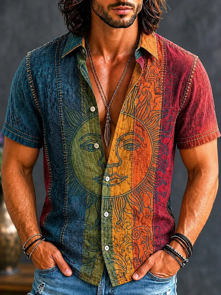 Men's Retro Hippie Sun Face Gradient Patchwork Print Shirt
