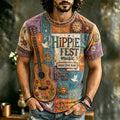 Men's Peace Sign And Guitar Hippie Patchwork Print T-shirt