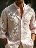 Men's Spring Cherry Blossom Art Embroidery Comfortable Cotton Linen Long Sleeve Cardigan Shirt