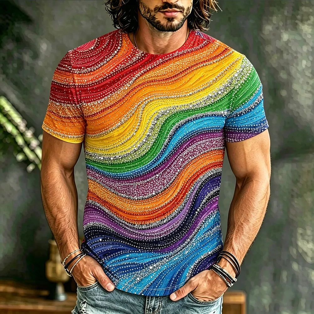 Men's Hippie Style Colorful Curved Lines And Rhinestone Art Patchwork Crewneck Top