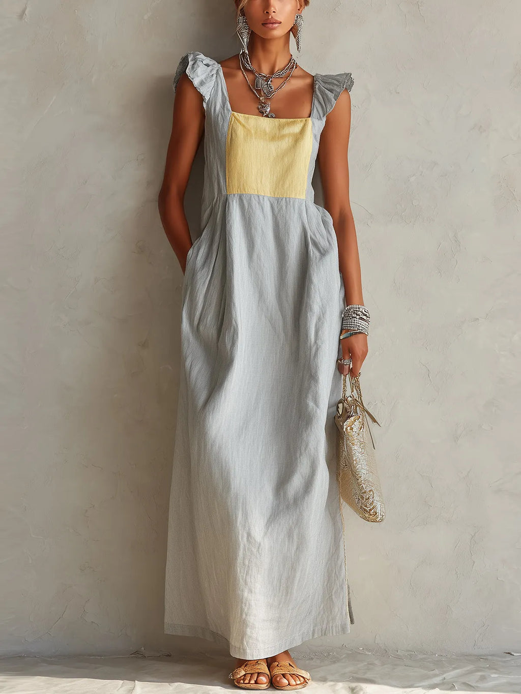 Light Gray And Yellow Colorblock Ruffle Shoulder Maxi Dress