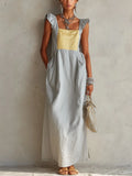 Light Gray And Yellow Colorblock Ruffle Shoulder Maxi Dress