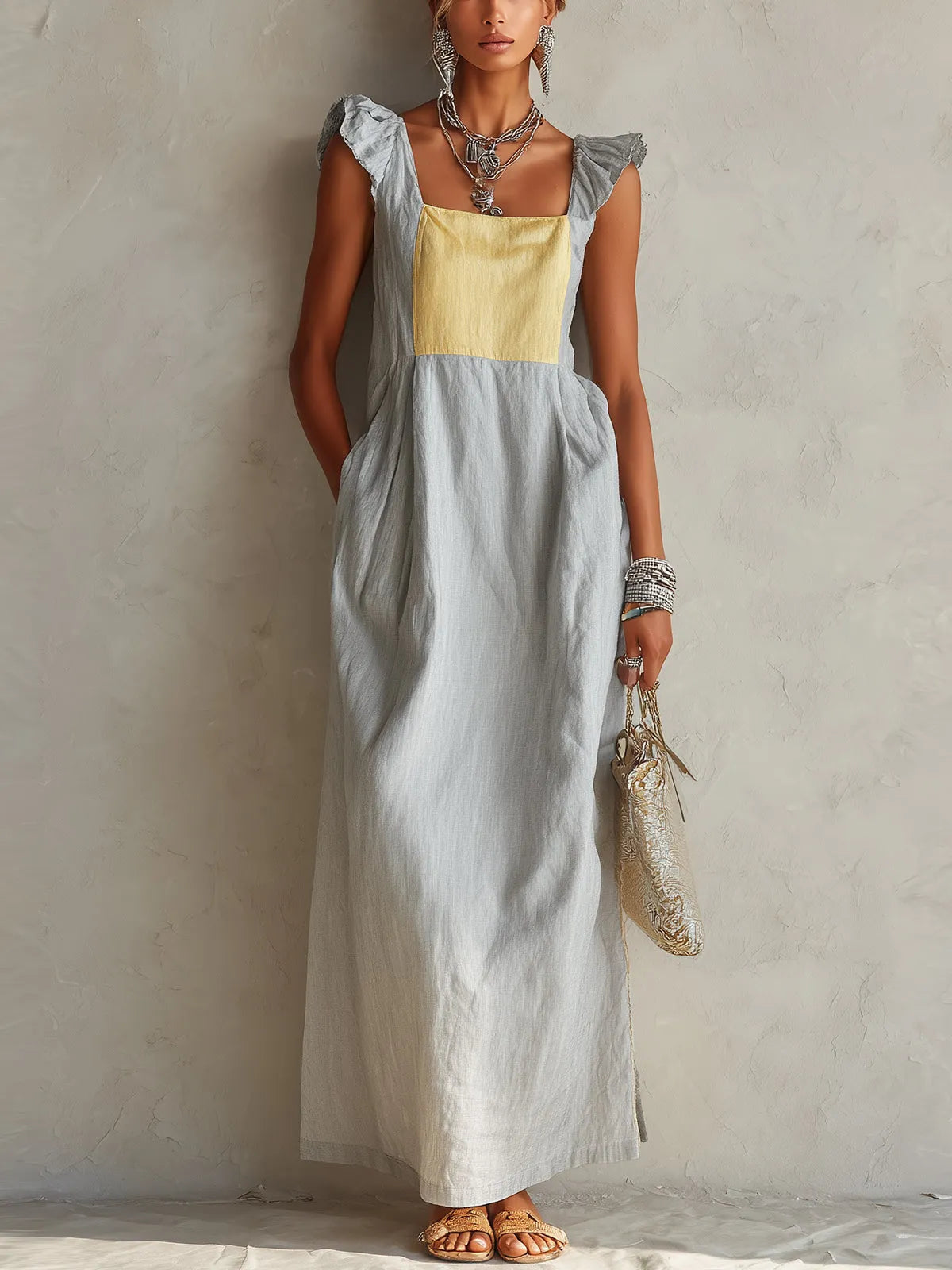 Light Gray And Yellow Colorblock Ruffle Shoulder Maxi Dress