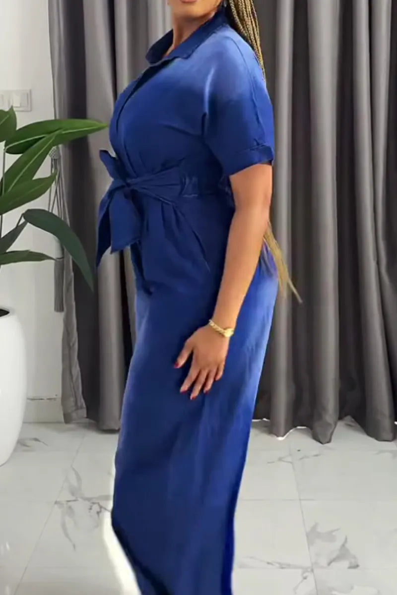 Women's  Casual Gradient Blue Lapel Short Sleeve Tie Waist Wide Leg Denim Jumpsuit
