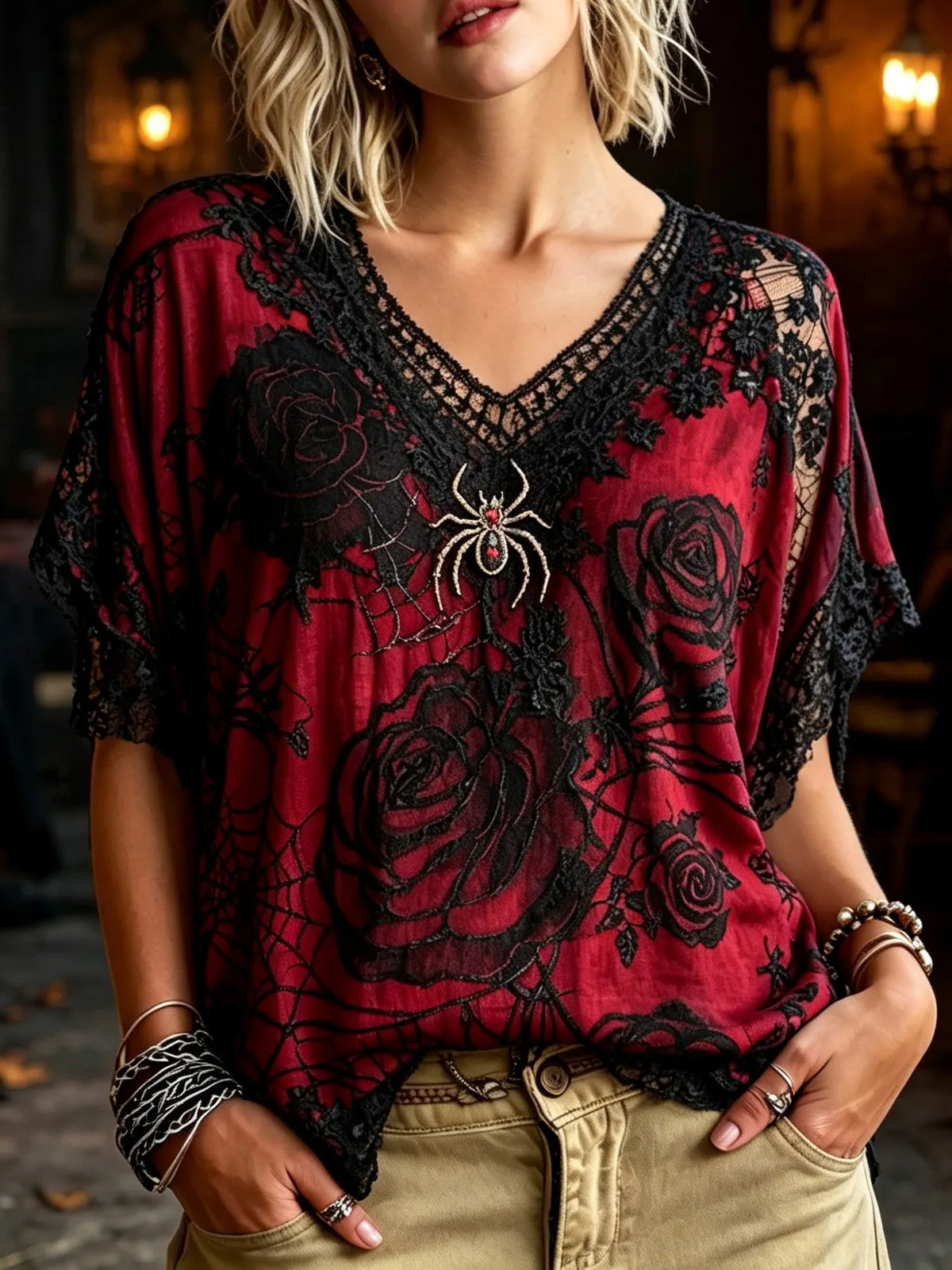 Women's Retro Halloween Spider And Floral Embroidered Short-sleeve V-neck T-shirt