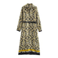 Dahlia Geometric Print Belted Midi Shirt Dress - Long Sleeve Maxi Shirt Dress