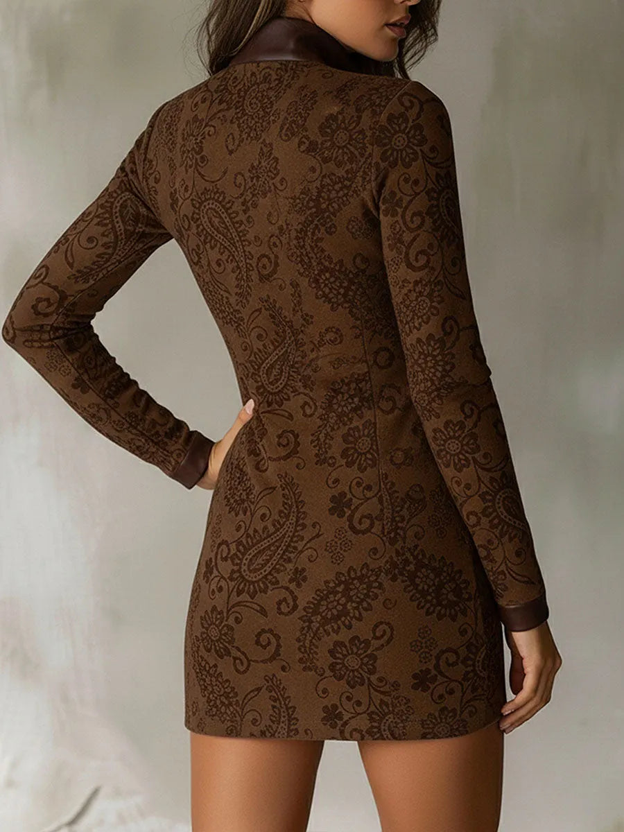 Vintage Zipper Paisley Jacquard Mini Dress With Leather Trim