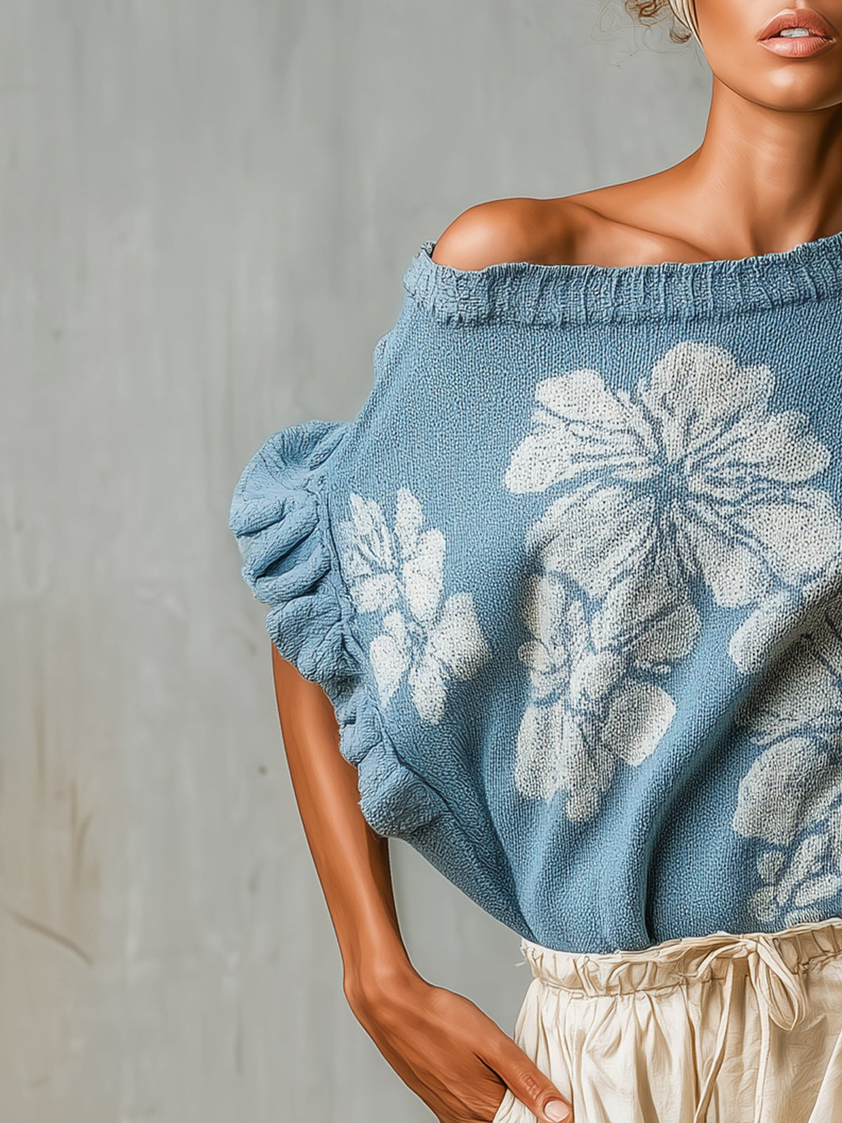 Blue Asymmetric Off Shoulder Floral Sweater