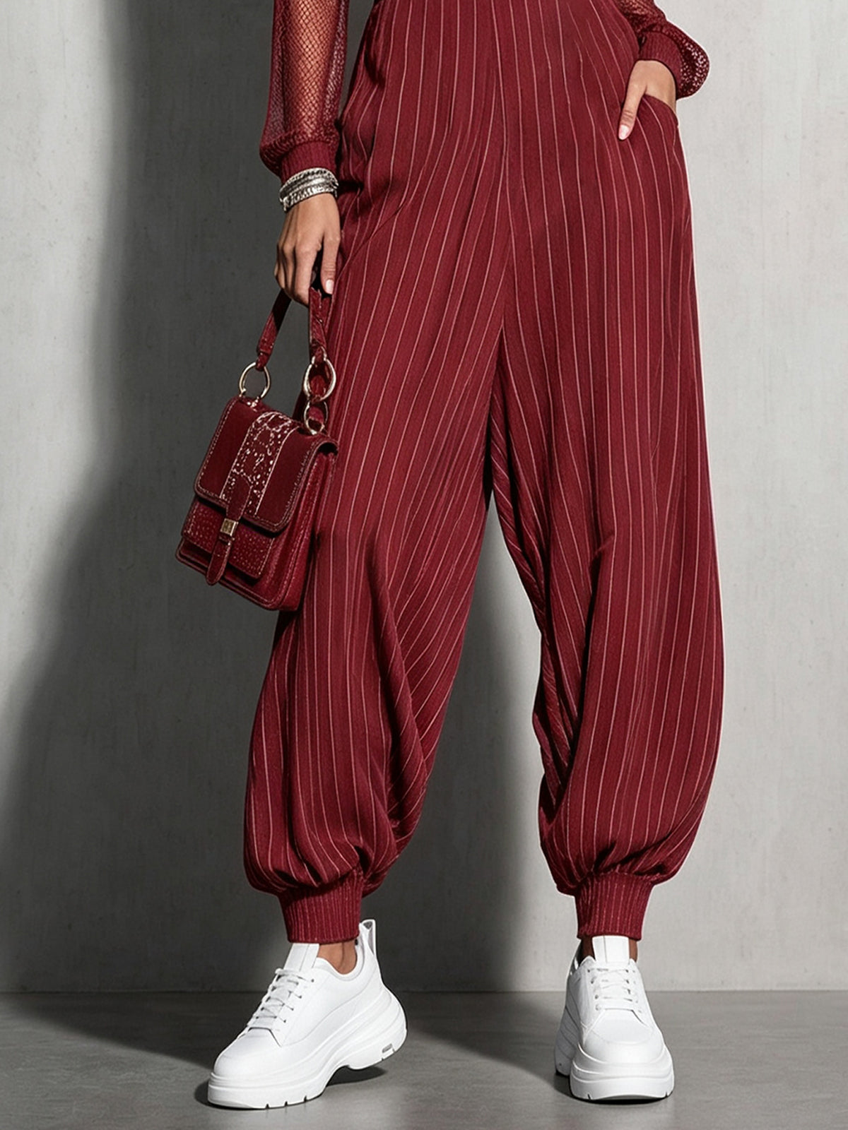 Wine Red Mesh Sleeve Pinstripe Harem Jumpsuit