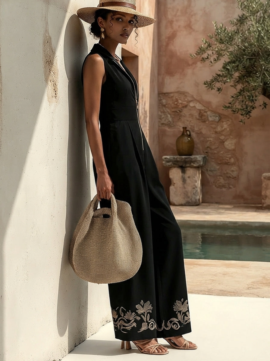 Black  Half Zip Gold Embroidered Jumpsuit