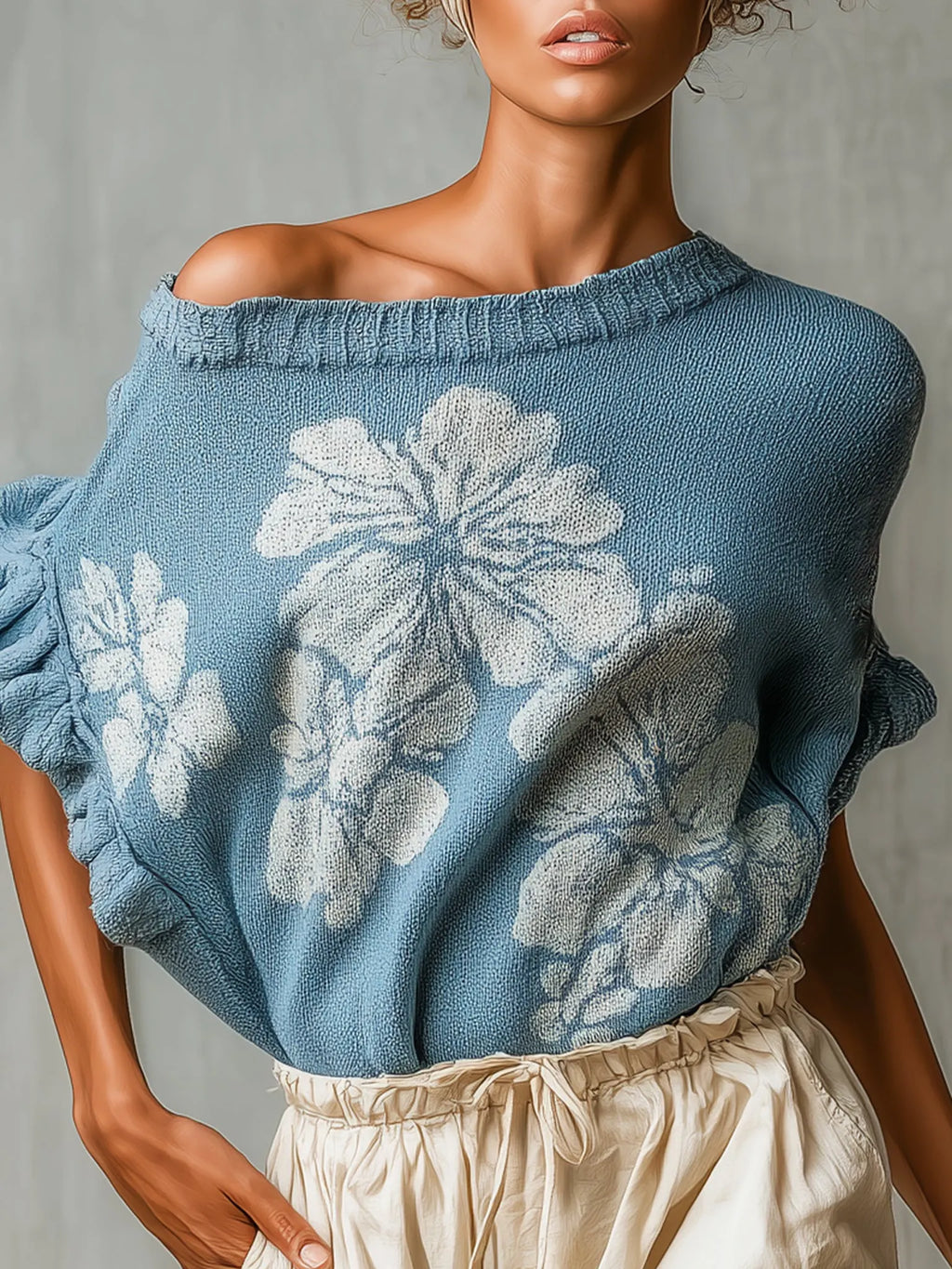 Blue Asymmetric Off Shoulder Floral Sweater