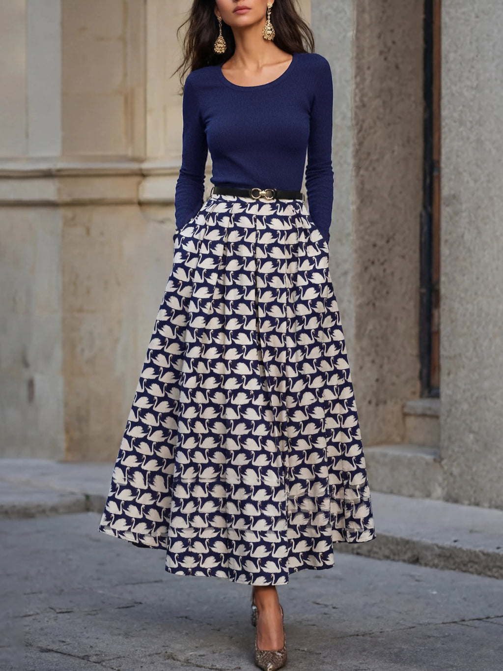 Maxi Cotton Skirt, Animal, Swan Print, Pocket Design, Vintage, Purplish Blue