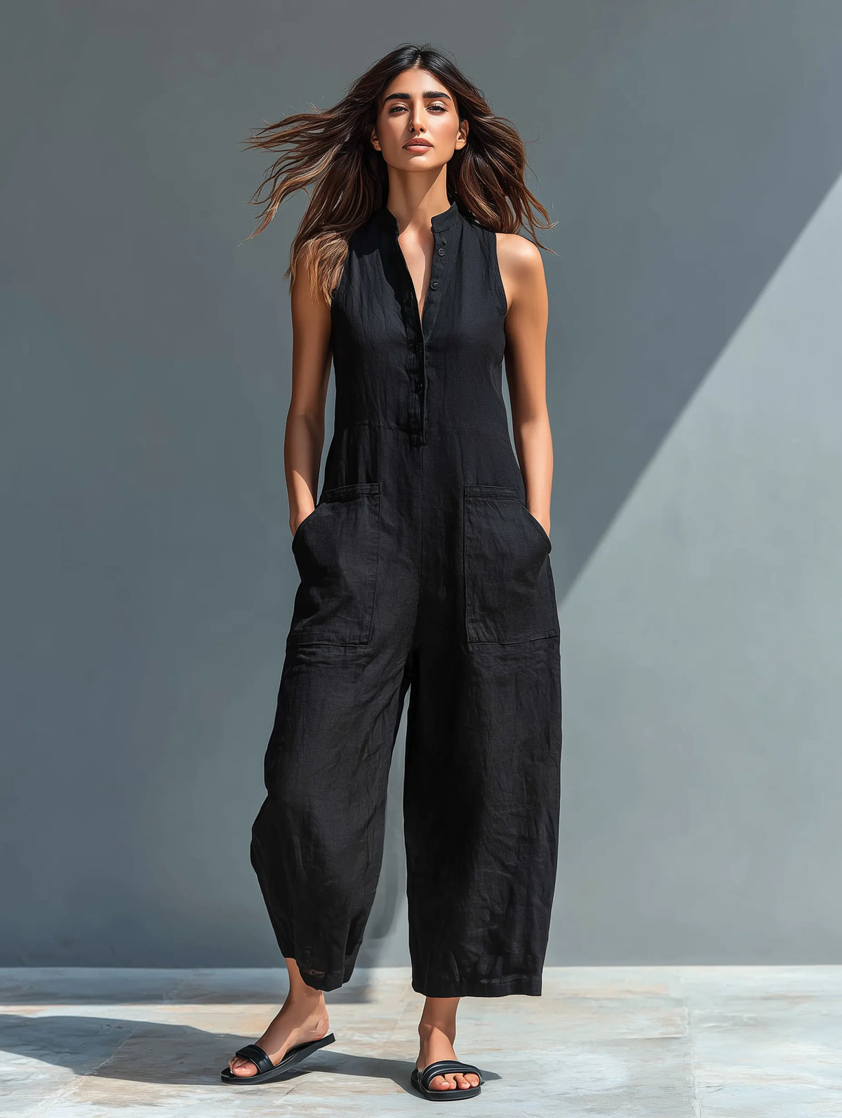 Women's Minimalist Linen Blend Button-up Stand-collar Sleeveless Loose Jumpsuit MDZ2725A5Y