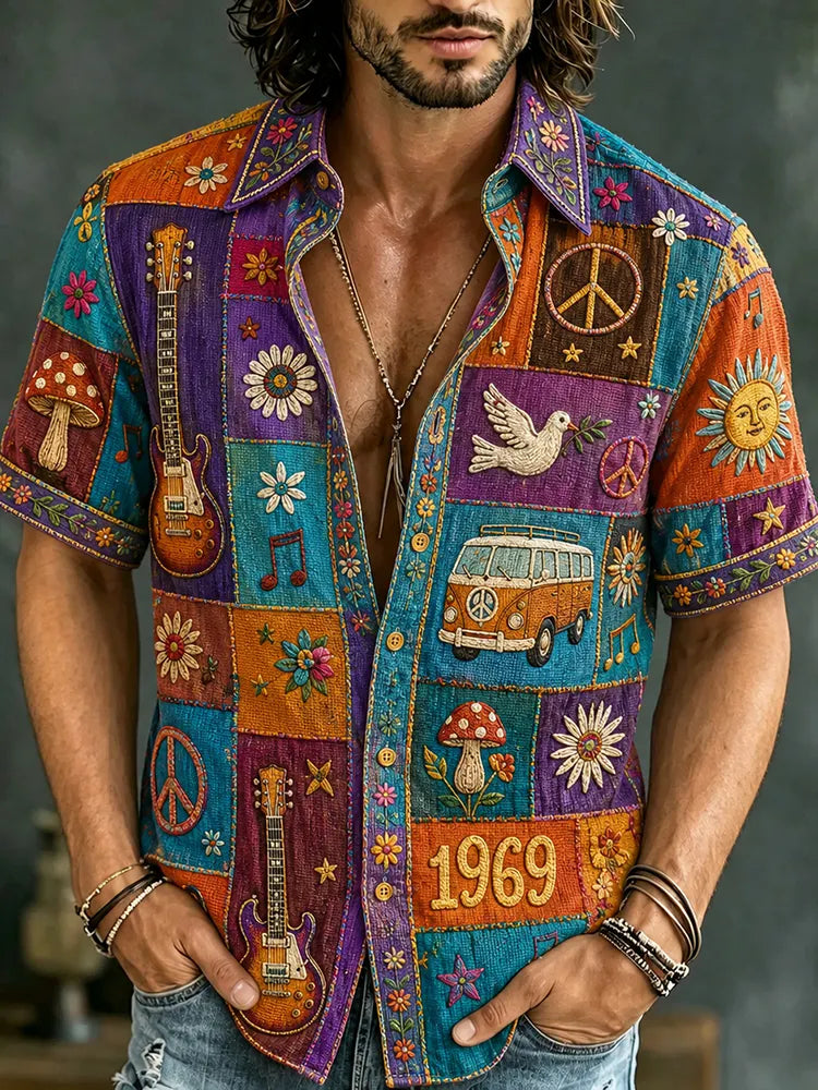 Men's Retro Peace Sign And Guitar Hippie Patchwork Print Short-sleeve Shirt