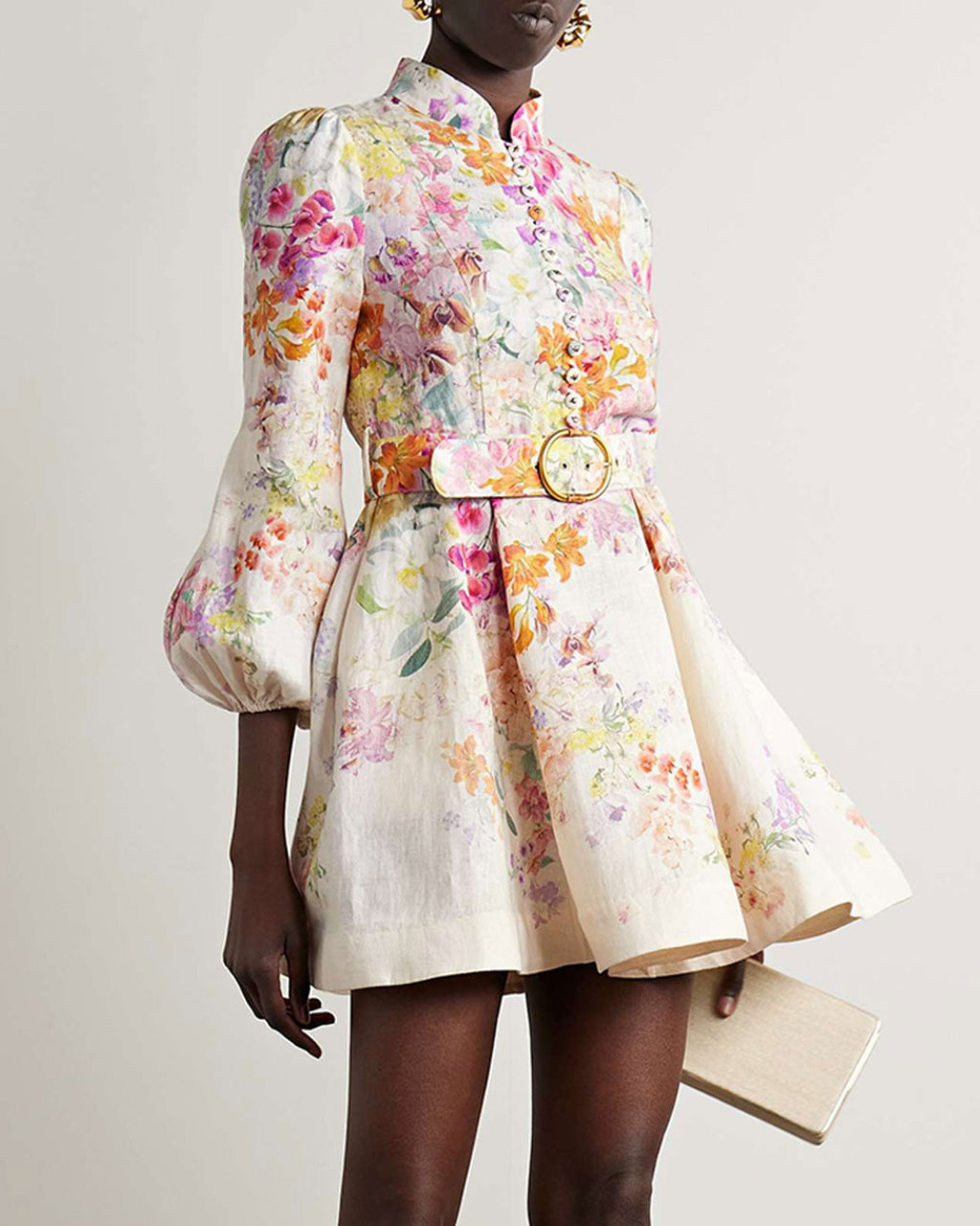 Belted floral-print linen mini dress