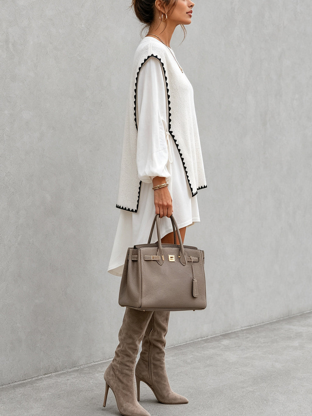 Ivory Contrast Trim Layered Knit Mini Dress Set