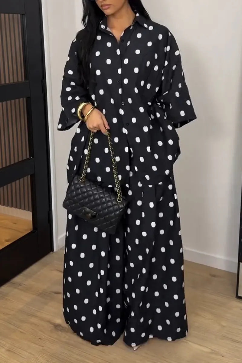 Women Collar Polka Dot Top+ Wide Leg Pants Loose Casual Suit