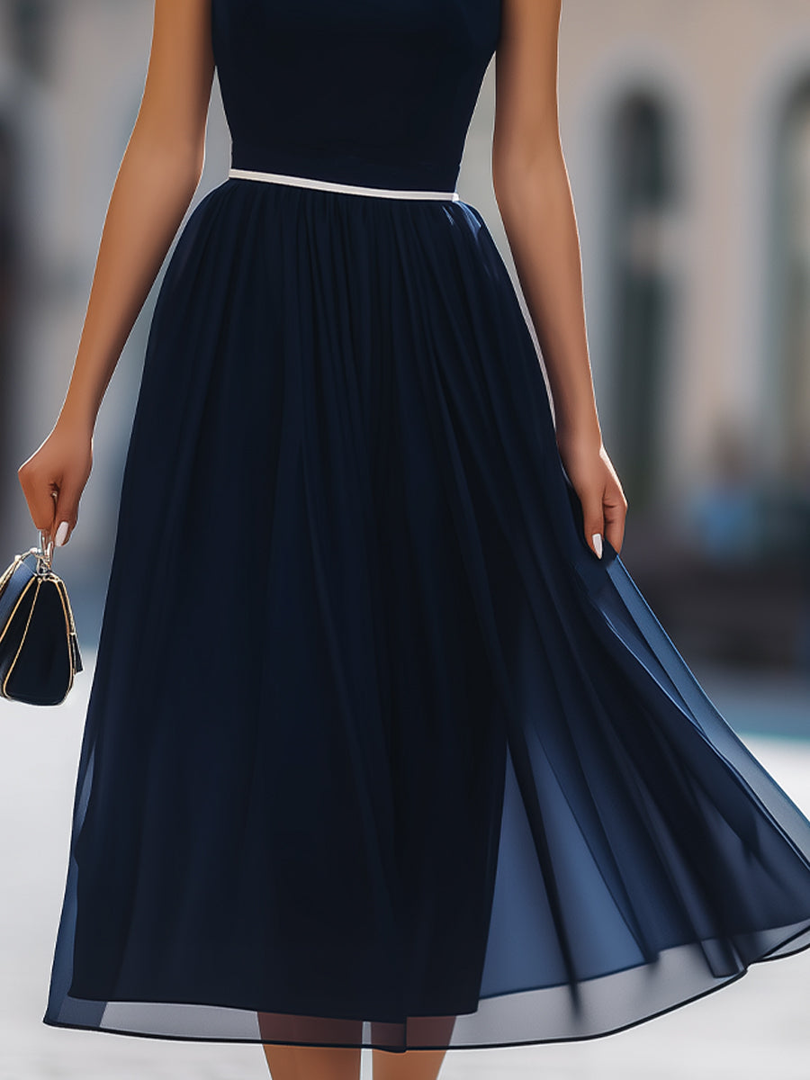 Navy Sleeveless White-Trimmed  Skirt Midi Dress