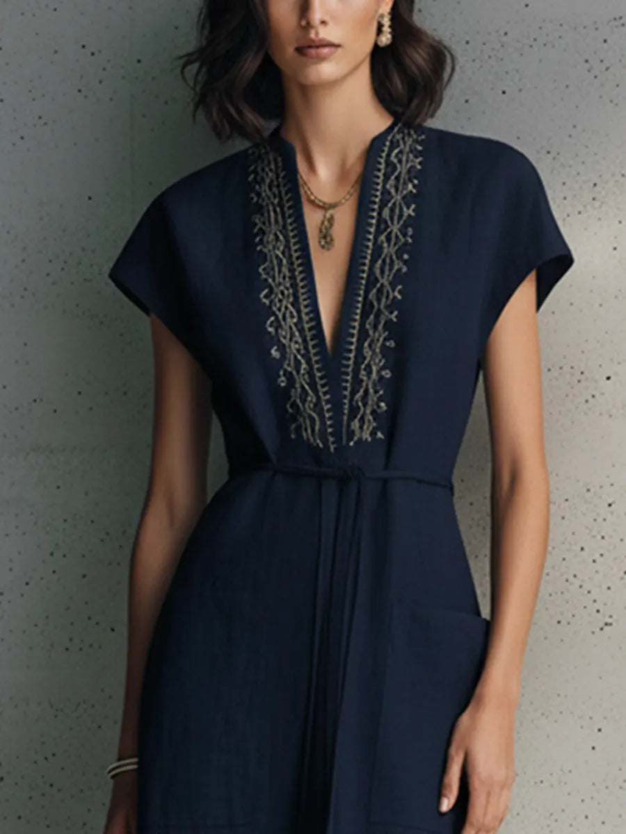 Women's Navy Blue Cotton Linen Golden Embroidered V-Neck Short Sleeve Drawstring Midi Dress MDZ0540C1BA