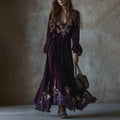 Vintage Floral Embroidered Velvet Maxi Dress