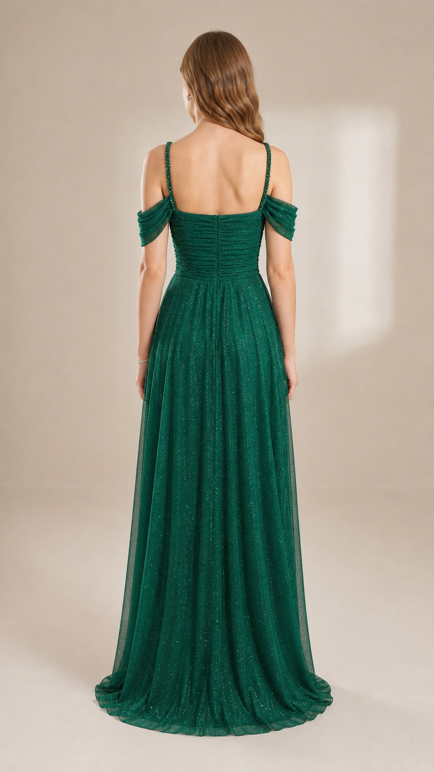 Glitter Mesh Off-the-Shoulder Evening Gown with Beaded Straps and Thigh Slit