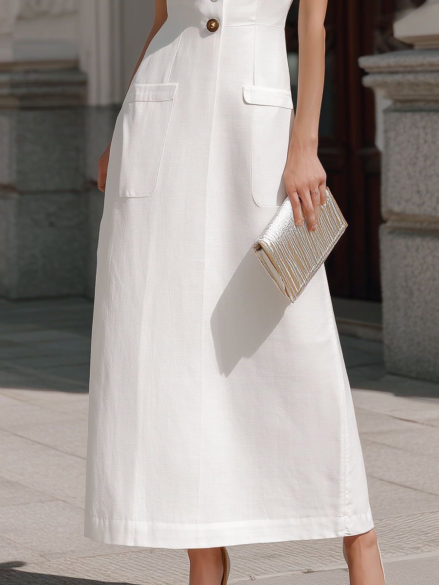 Structured Button-Front Sleeveless Tailored Maxi Dress