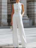 High-Neck Sleeveless Gold-Button Wide-Leg Jumpsuit