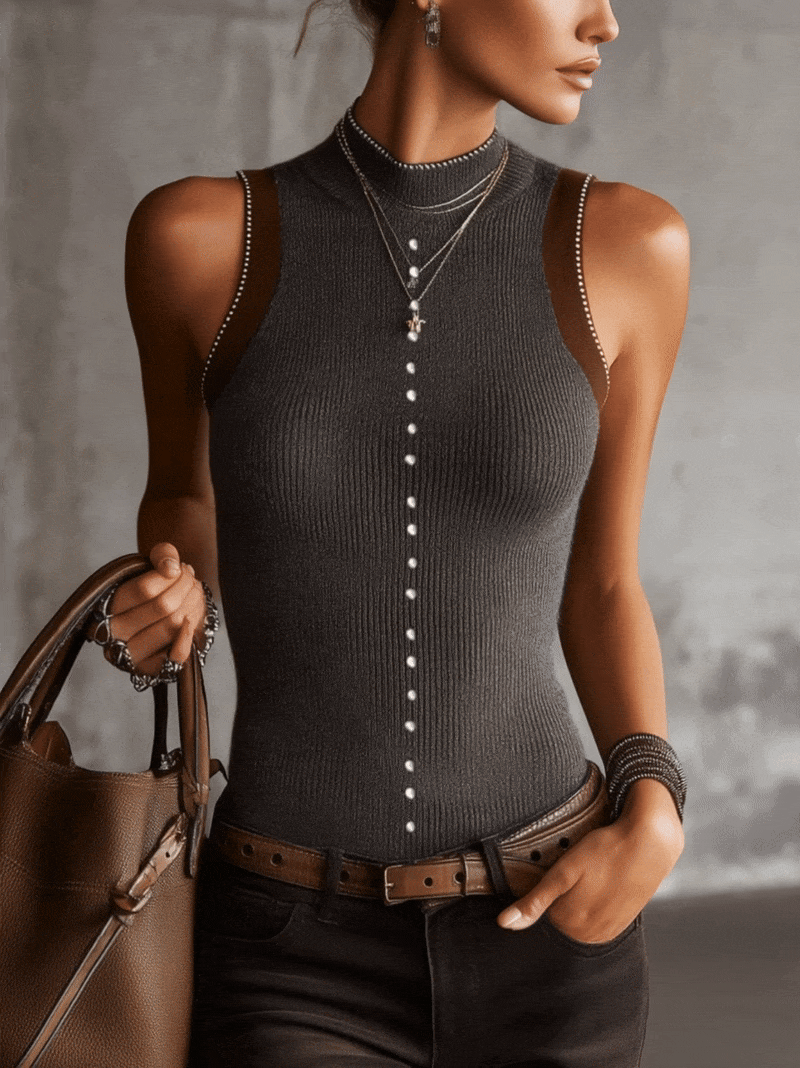 24-Hour-Shipping Gray Ribbed Knit Sleeveless Vest With Pearl Button Detailing