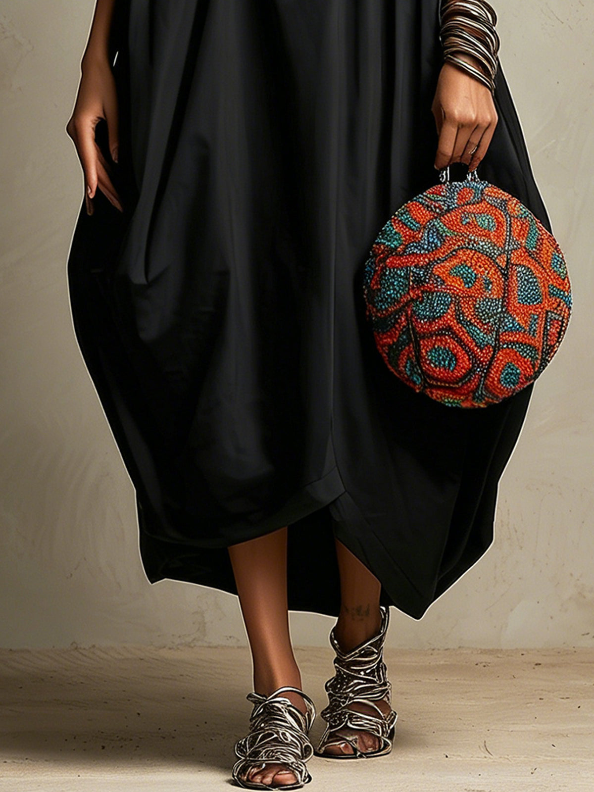 Black Sleeveless Maxi Dress With Silver Crochet Trim And Balloon Hem