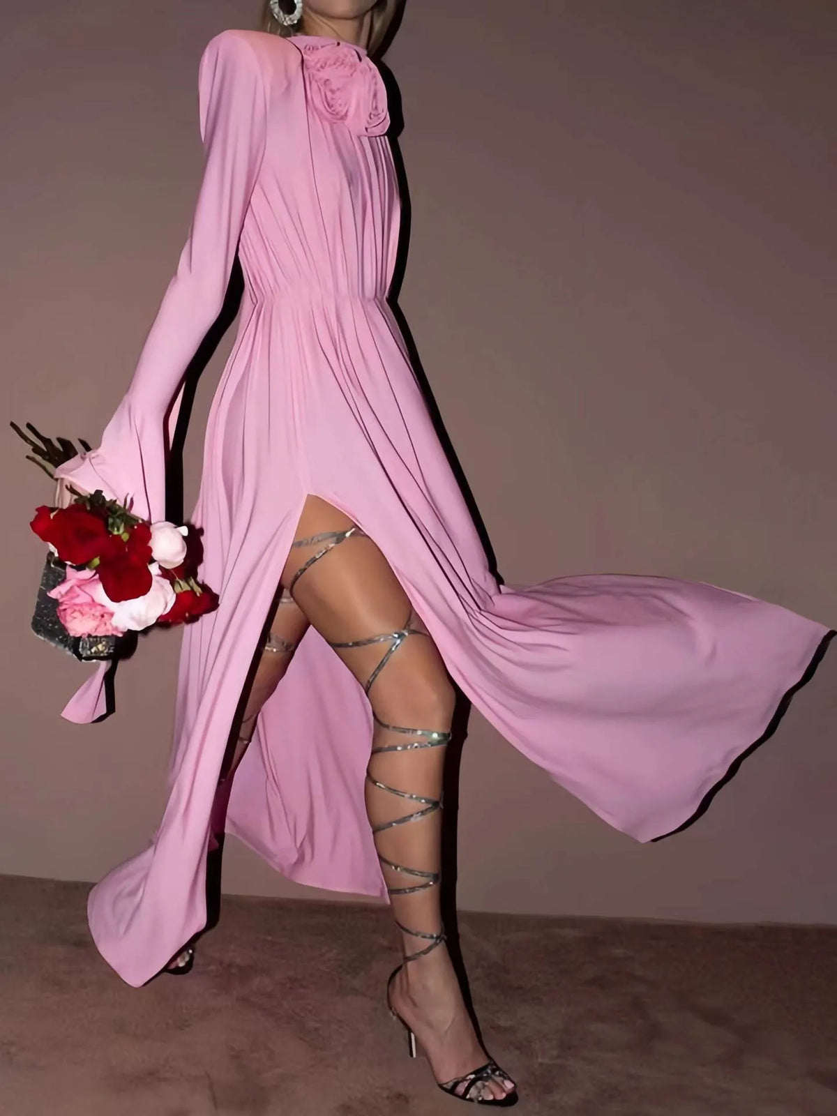 Three-Dimensional Flower Deep V Pleated Maxi Dress